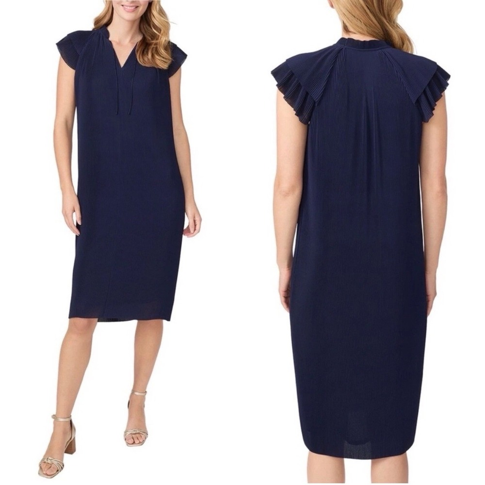 J.McLaughlin Dress Womens S‎ Navy Aisha Pleated Flutter Sleeve Split Neck Midi